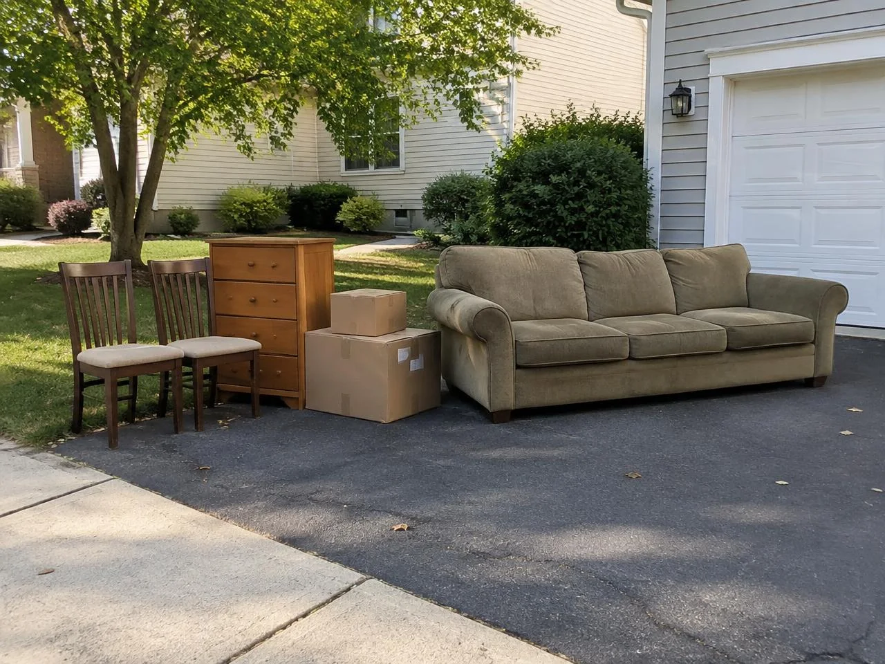 Couch, chairs, dresser, and boxes set out on a driveway for pickup